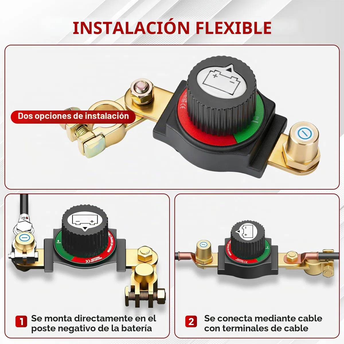 Desconectador de Bateria Coche 12V-48V, Cortacorrientes Coche Ajustable 180°, Interruptor Principal de Batería, Corta Corriente Bateria para Coche, Moto, Barco, Yate, Apto para el terminal negativo