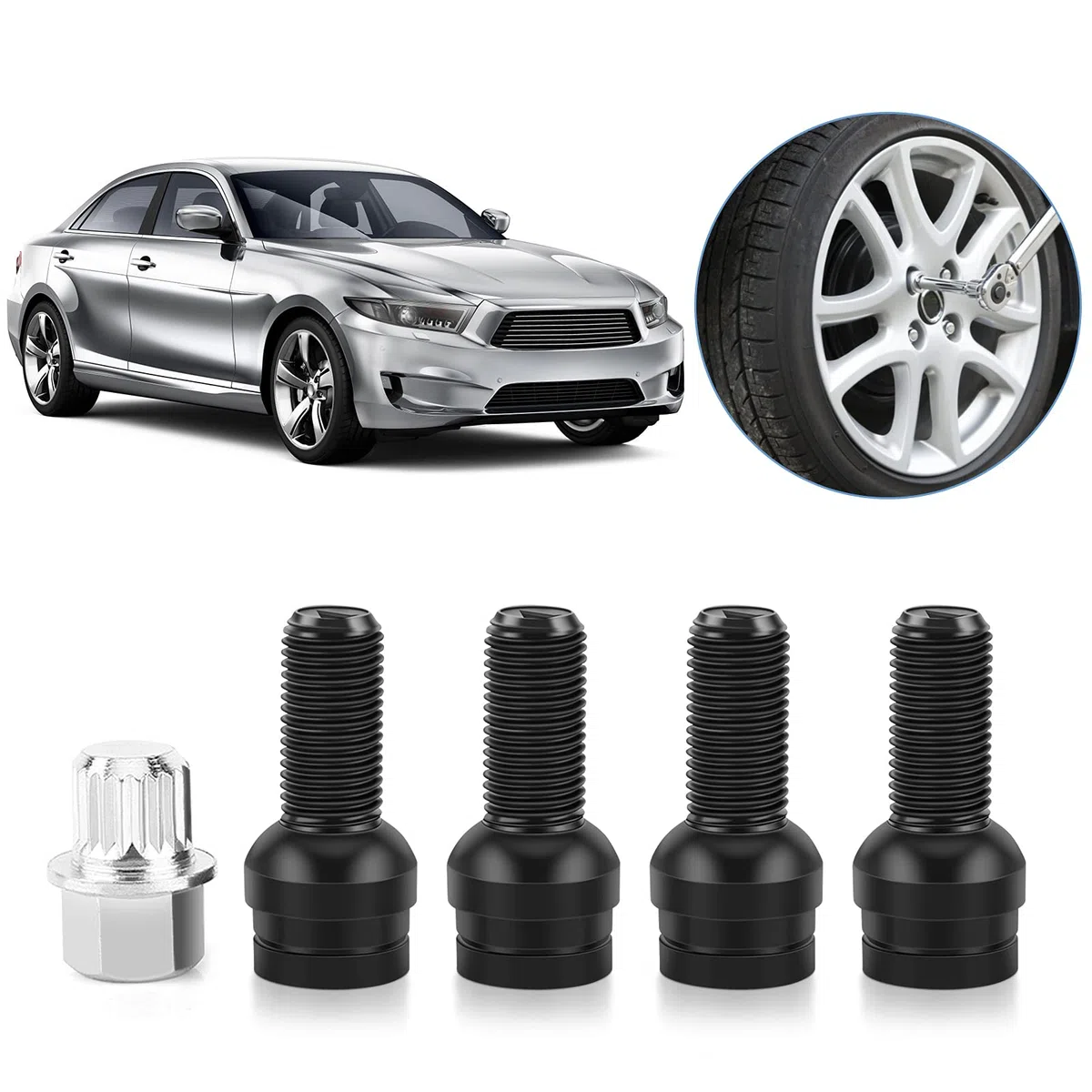 Tuerca Antirrobo de Rueda de Coche, Perno de Acero Negro, M14 x 1.5mm, Conjunto de Seguridad Bloqueable