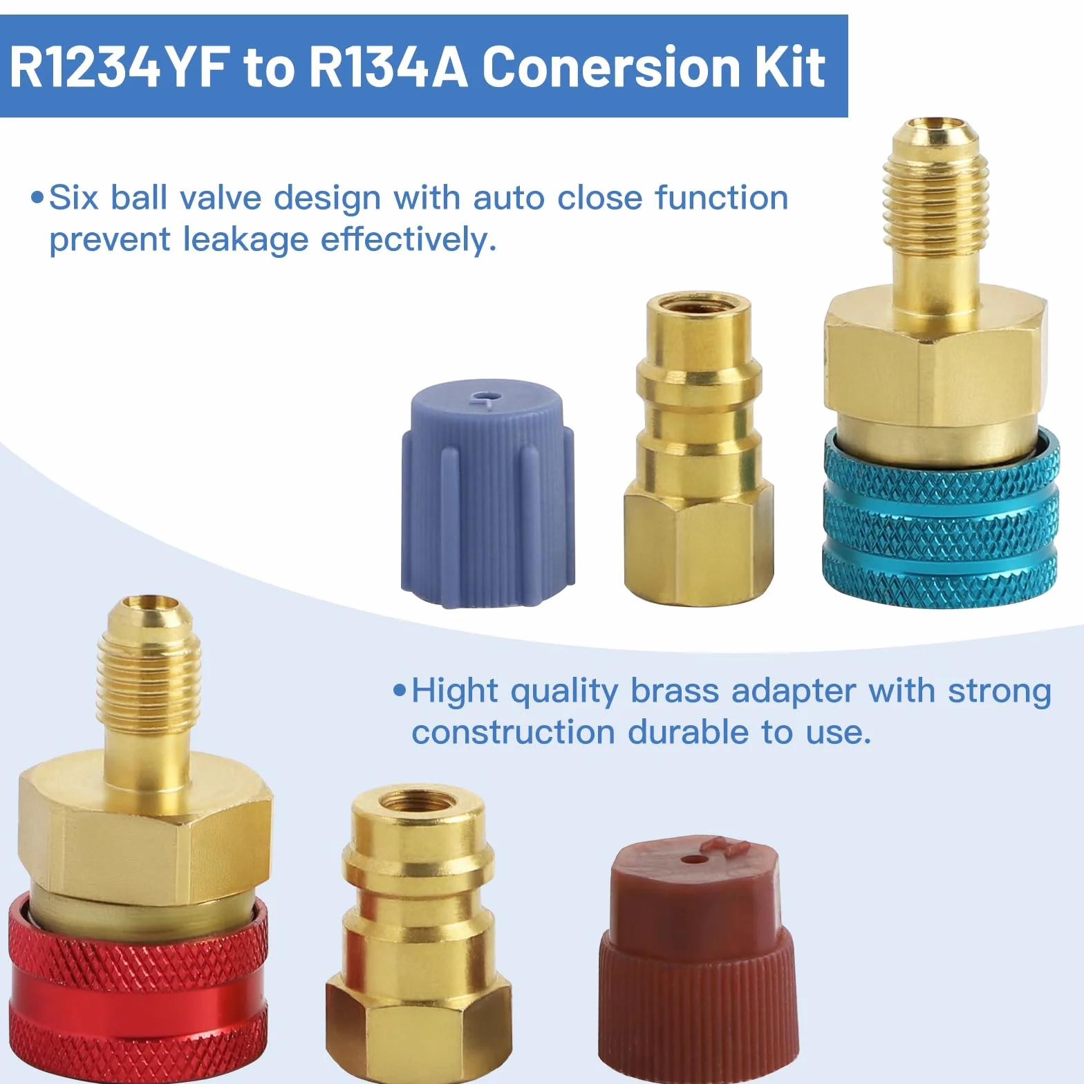 DBREAKS Juego de 2 Acopladores Rápidos R1234YF, Latón Adaptadores R1234yf a R134a, para R1234yf/R134a Recarga de Evacuación del Sistema de Refrigerante de CA del Automóvil