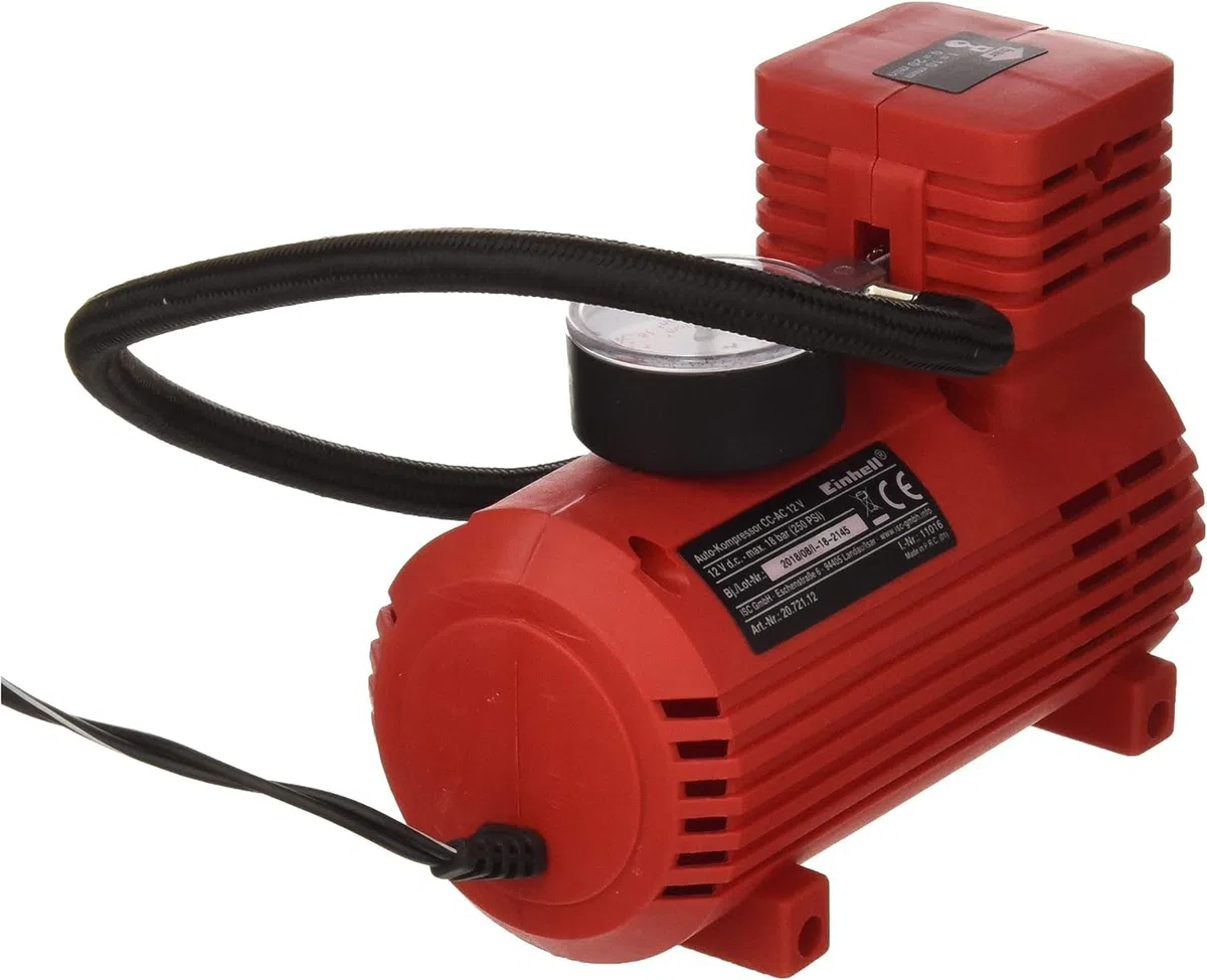 Einhell Compresor de aire para coche CC-AC 12V (manómetro de 18 bar máx., manguera de aire, 3 adaptadores de accesorios, cable de alimentación de 2,90 m con enchufe de encendedor de 12V)