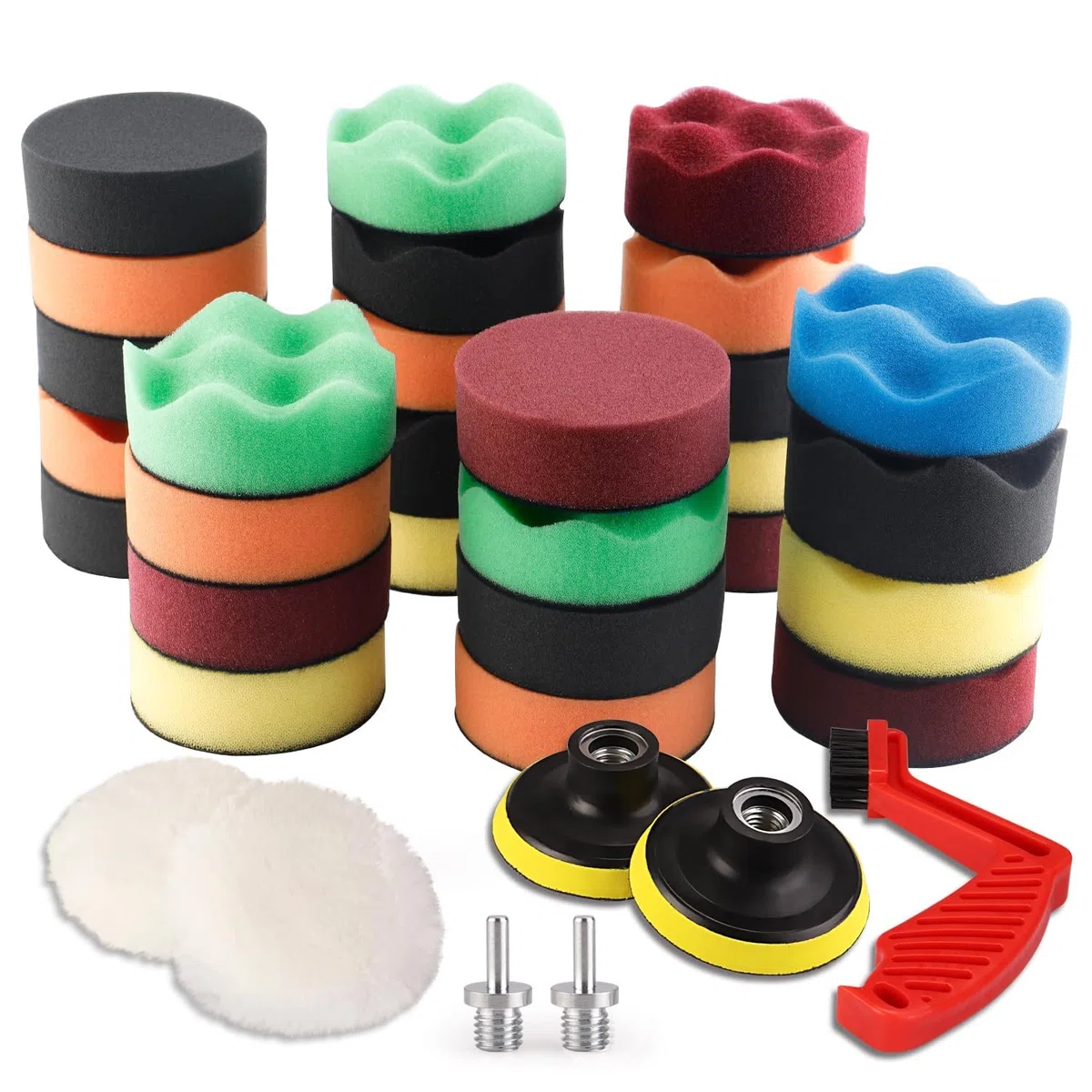 SPTA 34Pcs 80mm Esponja pulidora Lana Buffing Buffer Compuesto Kit Auto Pulidora para automóvil con M14 Kit de Adaptador de Taladro + Disco de Pulido + Cepillo de Limpieza