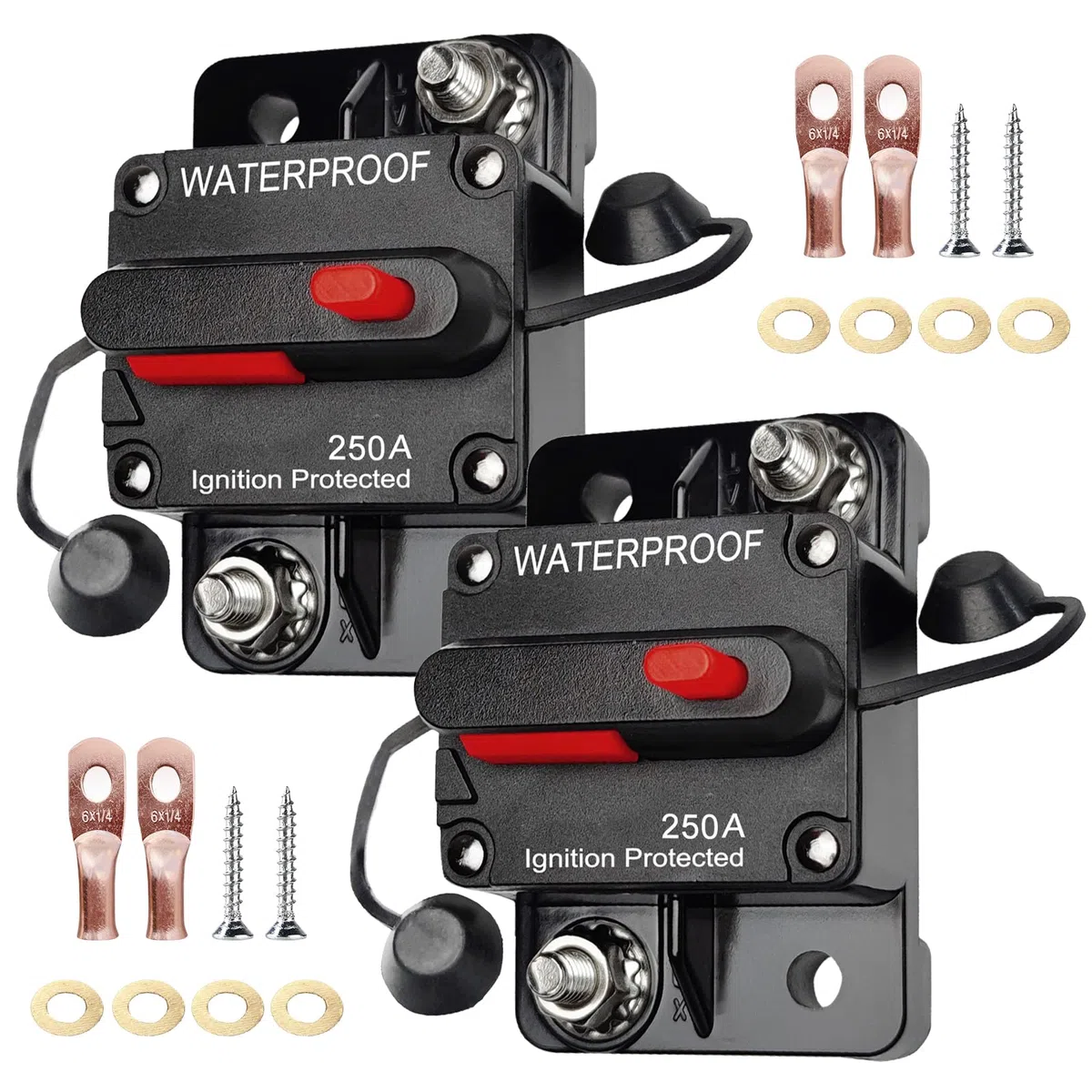 2 unidades de 250 A disyuntores automáticos para coche 12 V-48 V CC 250 amperios, interruptor de fusible automático resistente al agua con reinicio manual para camión barco