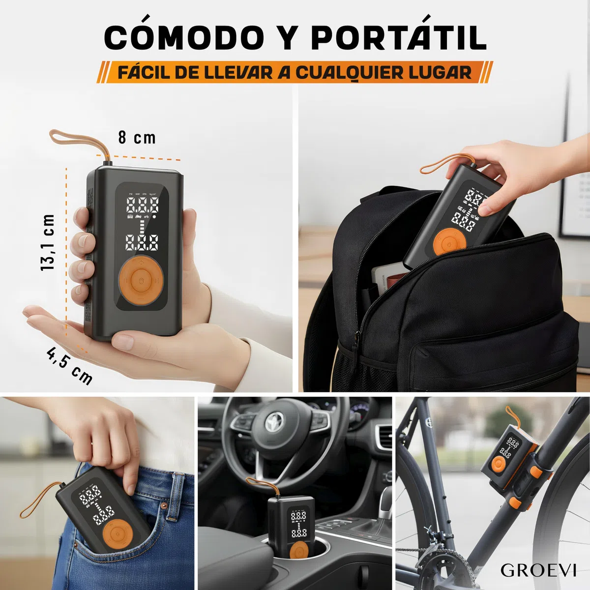 Inflador Ruedas Coche – Compresor Aire Portátil 150 PSI Recargable USB-C, Pantalla LCD Digital, Parada Automática, Luz LED SOS de Emergencia – Kit con Accesorios para Coche, Moto y Bicicleta