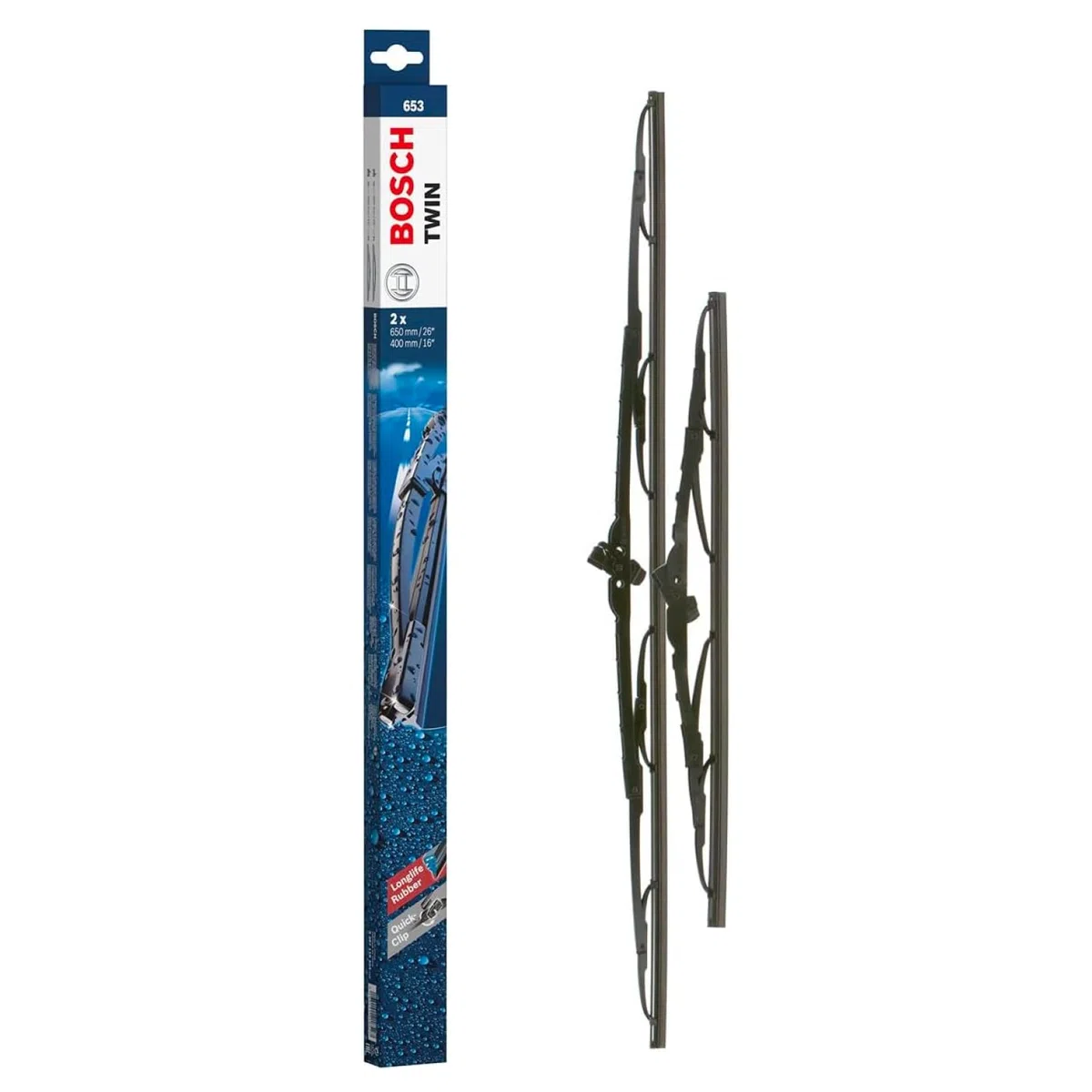 Bosch Twin 653 Limpiaparabrisas Frontal - Set de Escobillas de Recambio una mayor seguridad en la conducción, con Adaptador Quick-Clip Premontado, 65cm/40cm