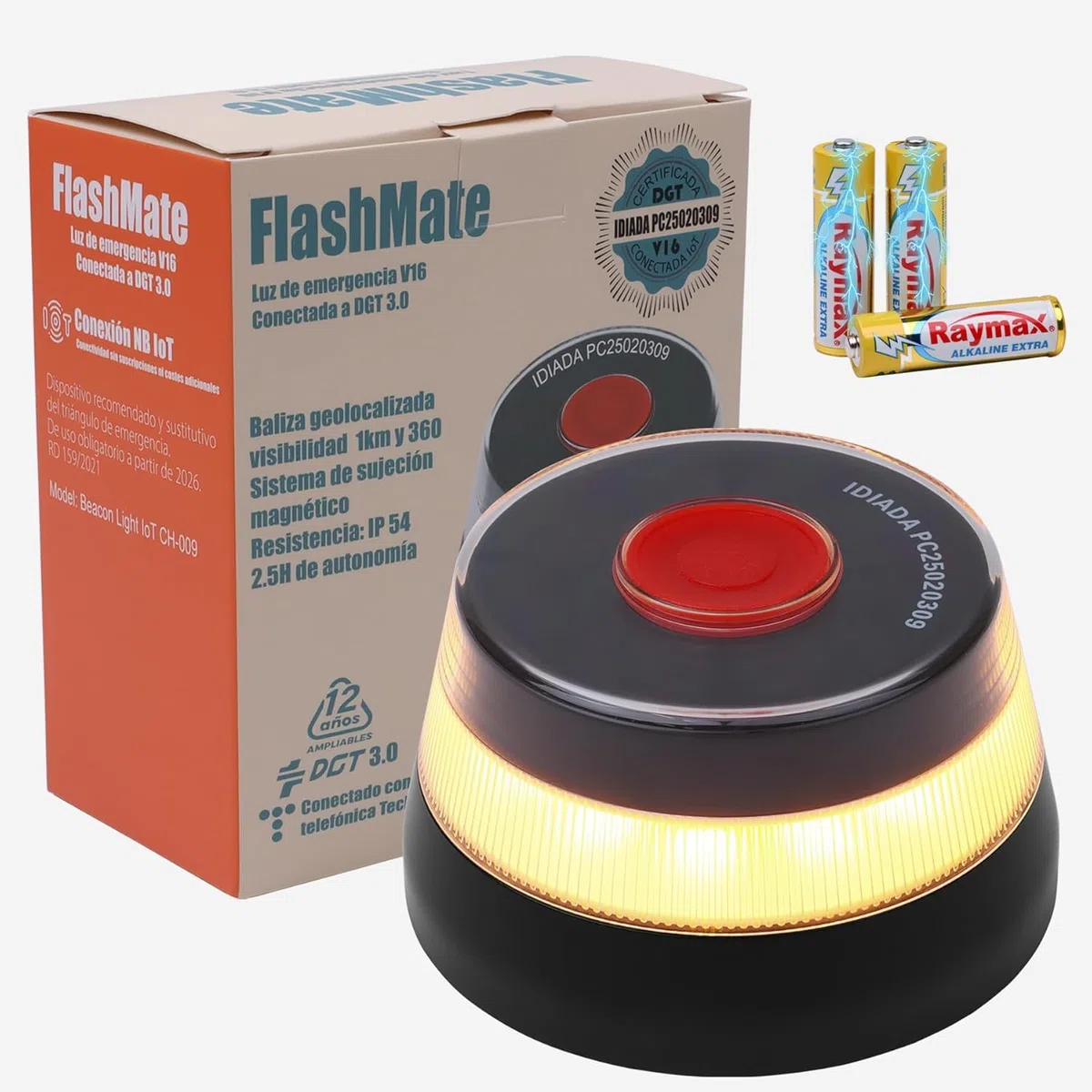 Luz Emergencia Coche Homologado DGT |Baliza V16 Homologada DGT con Geolocalización | Luz avería coche [Visibilidad 1 Km] Baliza V16 con GPS,1 Unidad（3 Pilas AA Incluidas）