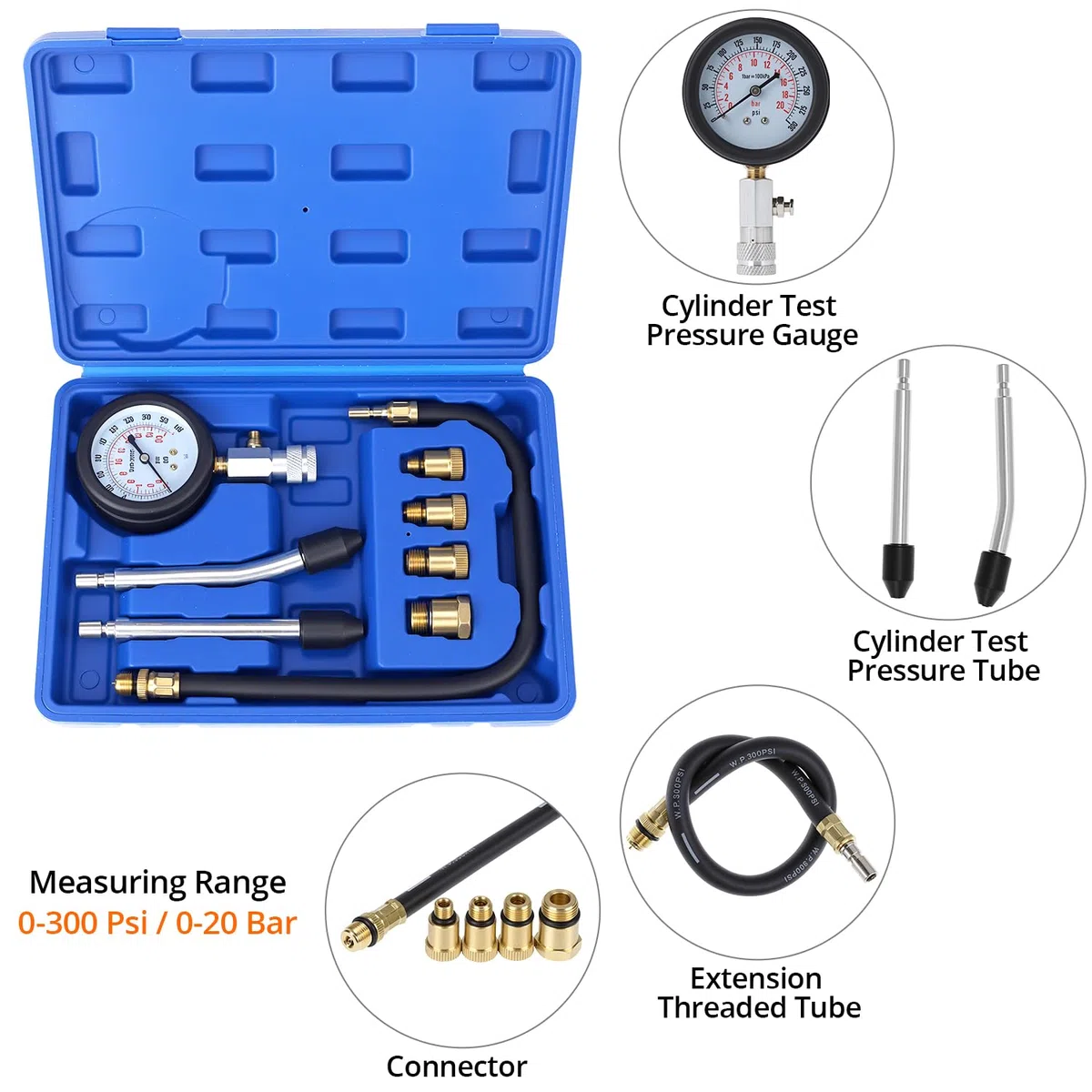 QWORK® Kit de probador de compresión, juego de herramientas para manómetro de motor, manómetro de compresión, para motocicleta, automóvil y más