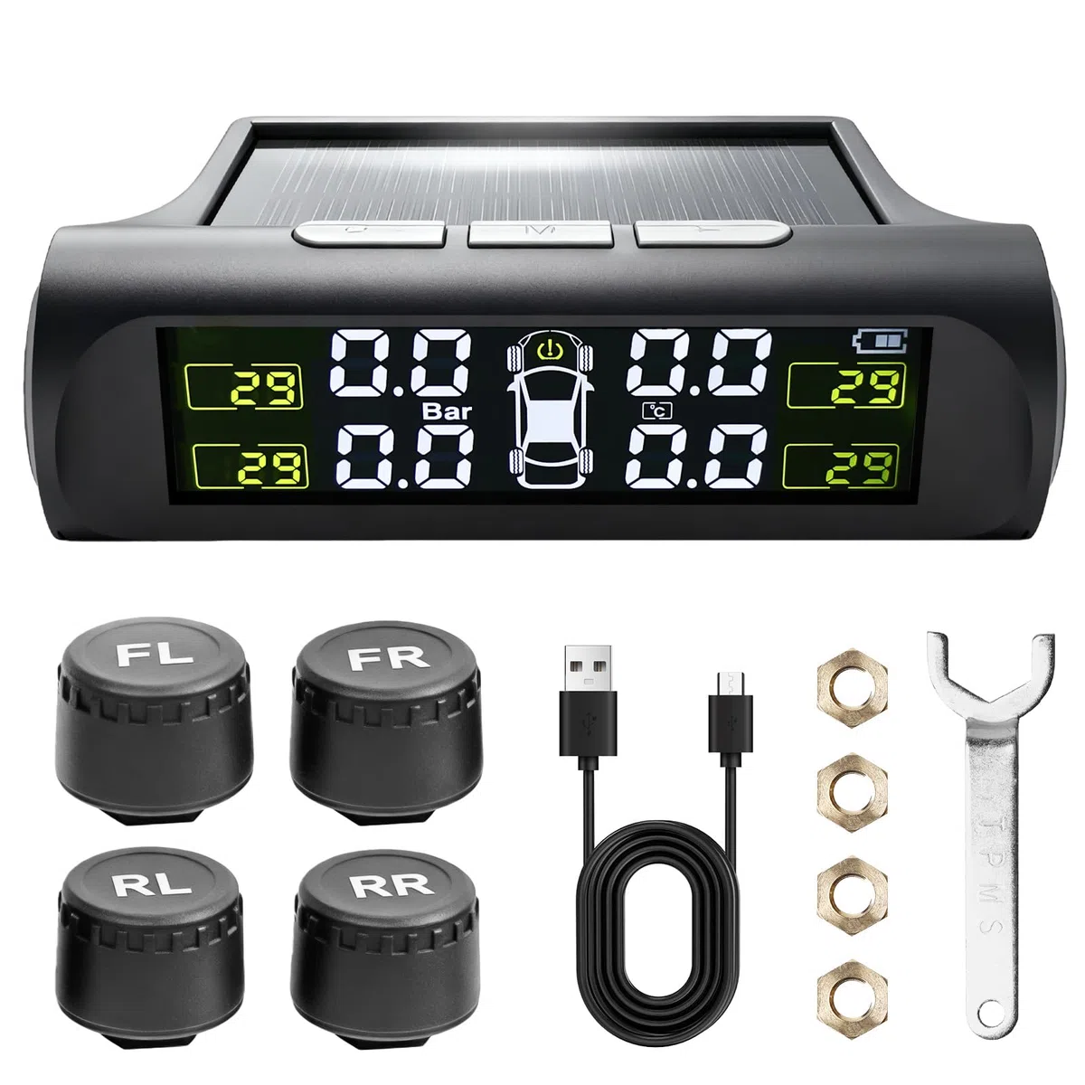 GBKDQQ TPMS Sistema de Control de Presión de Neumáticos, 4 Sensores Externos, Alarma de Temperatura y Vehículo, Sistema de Control de Presión de Neumáticos Solar Sistema de Control de Presión de