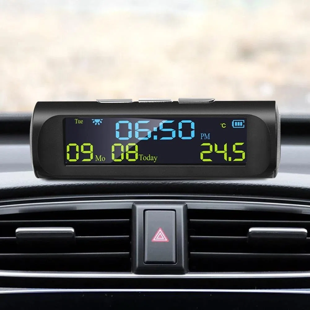 AN01 - Reloj Digital Solar para Coche con Pantalla de Fecha y Temperatura, Accesorios Interiores para salpicadero