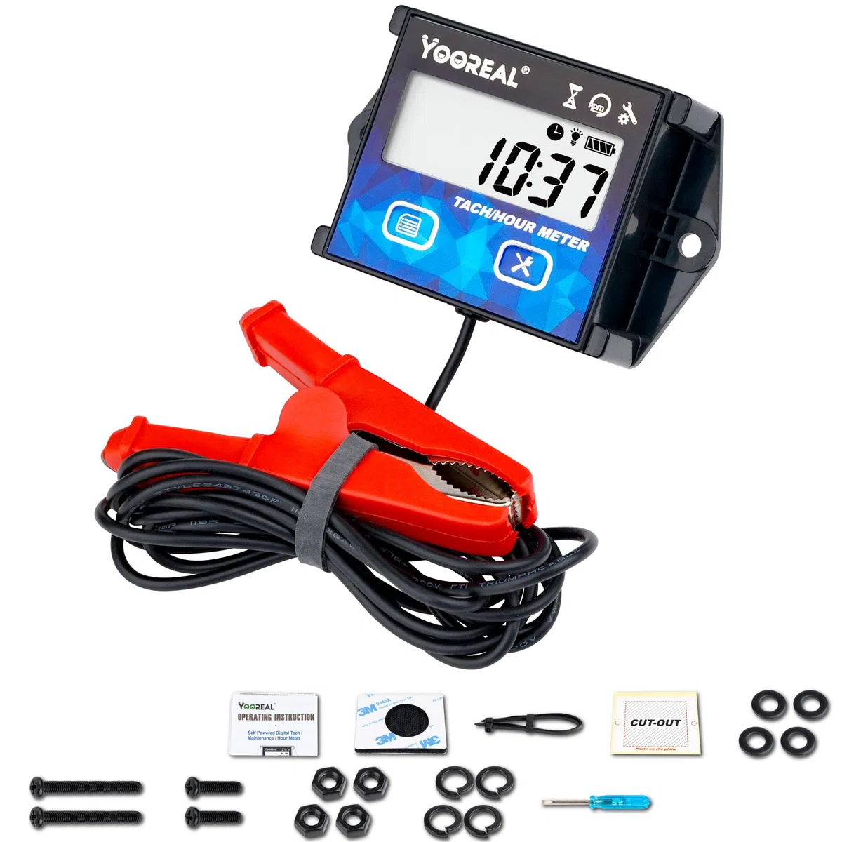 YOOREAL Tacómetro digital horario de mantenimiento tacómetro máximo tacómetro con clip retroiluminación cortadora de césped impermeable generador de motocicletas soplador de nieve
