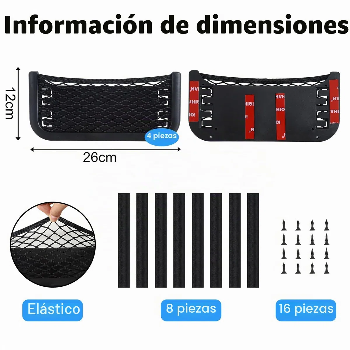 Rejilla de Coche 3 en 1, Red de Almacenamiento, Fijación con Correa Elástica, Compartimento para Pegar o Atornillar