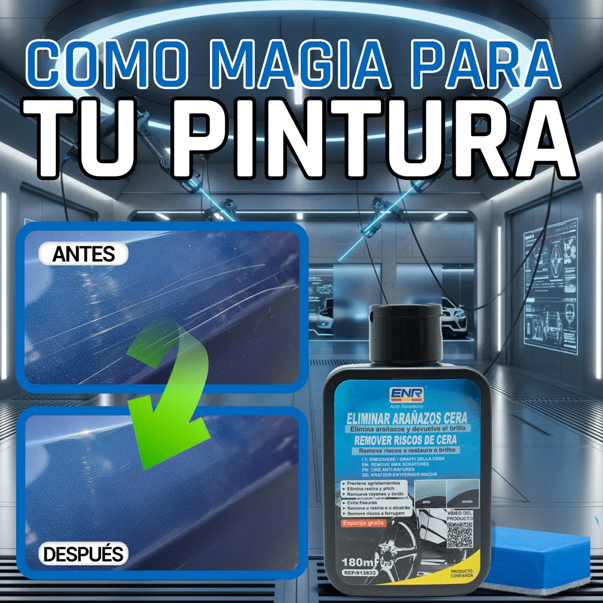 Reparador de Arañazos y Pulimento para Coche – Elimina Rayones, Manchas y Transferencias de Pintura, Brillo Duradero, Fácil Aplicación con Esponja Premium – 180 ml
