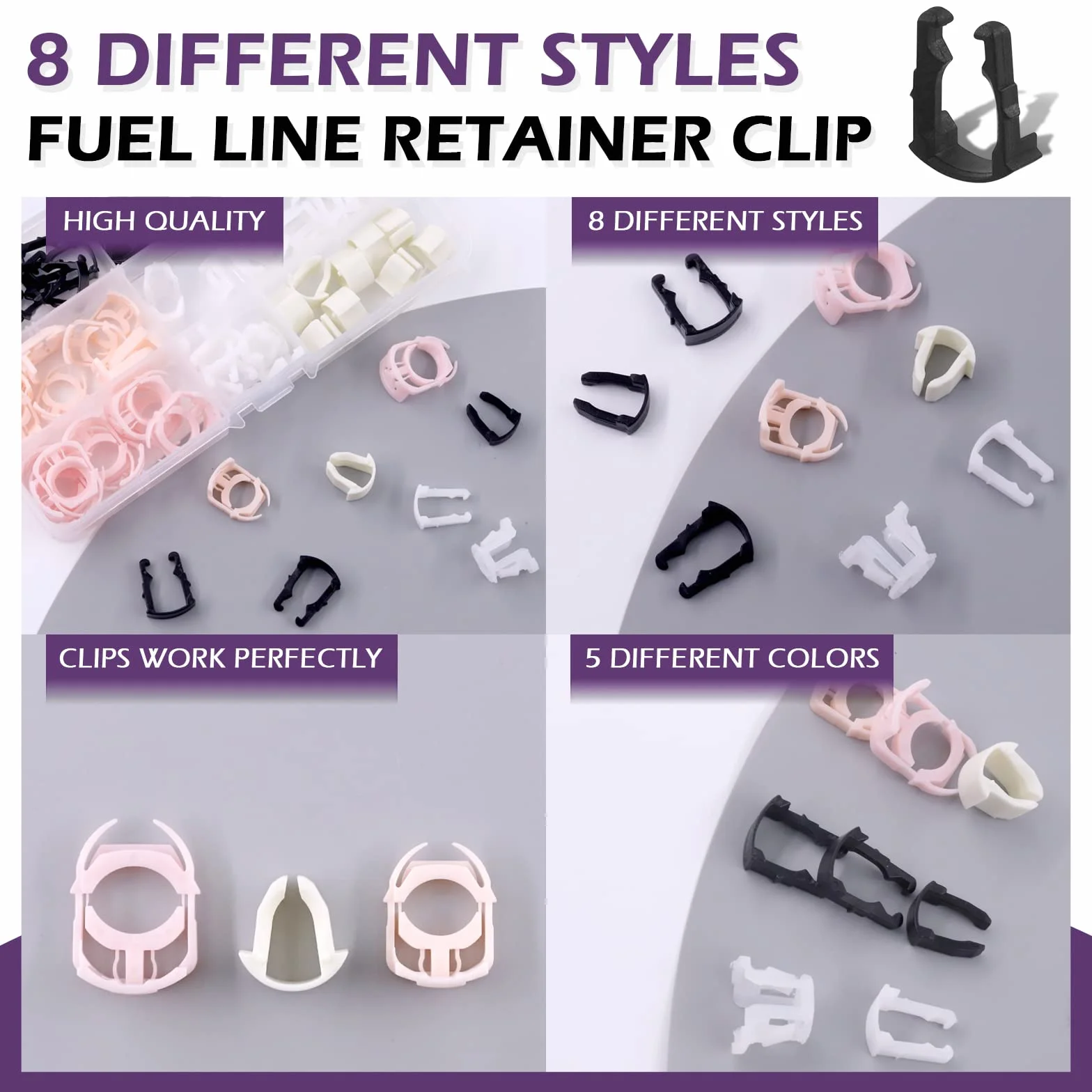 Swpeet 80 piezas 3/8 pulgadas 5/16 pulgadas 8 estilos kit surtido de clips de retención de línea de combustible, reemplazo perfecto compatible con línea de combustible faltante o fallida de 3/8