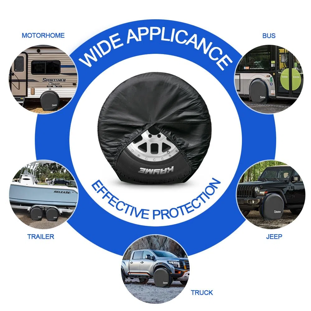 Kayme RV Funda Neumáticos, 4 Piezas Cubiertas para Neumáticos Protector Solar Impermeable, Universales para Ruedas de Remolques, Campistas, Camiones, Autocaravana (Diámetro 27 a 29 Pulgadas)