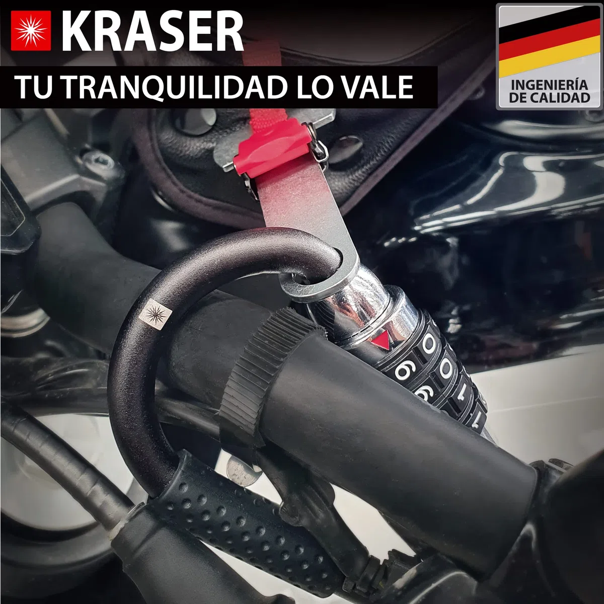 KRASER KR723B Candado Mosquetón Casco Moto, Cerradura Combinación 4 Digitos Más Fuerte, Adaptador T y Cable Seguridad, Compacto Accesorio Antirrobo Universal para Casco Moto Bicicleta Chaqueta