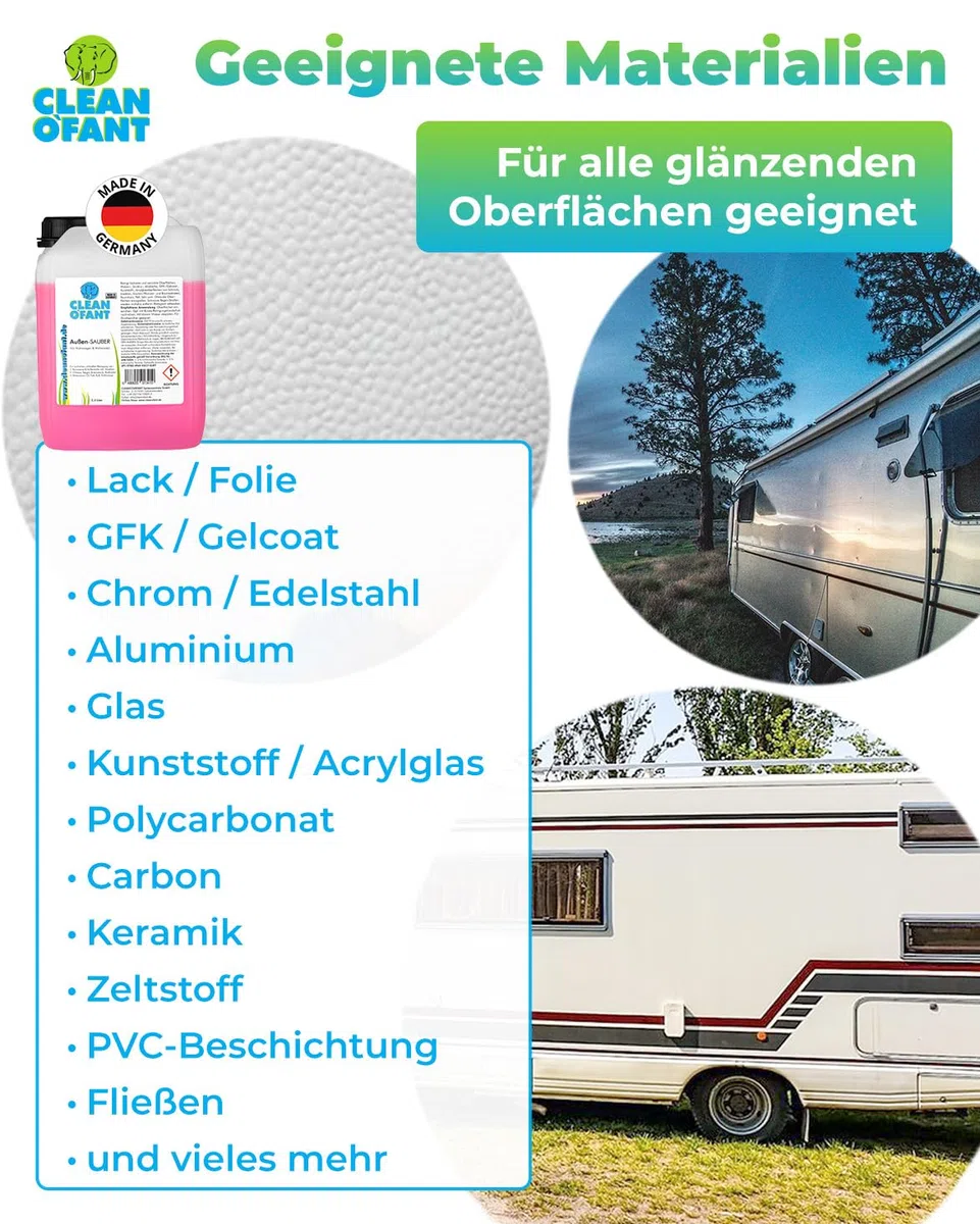 CLEANOFANT 2,3 Litro Especial Limpiador para Caravana,Autocaravana,Caravan - Champú Unido Exteriores, Repelentes de Insectos,Limpiador Ruedas,Limpiador Compartimiento Motor