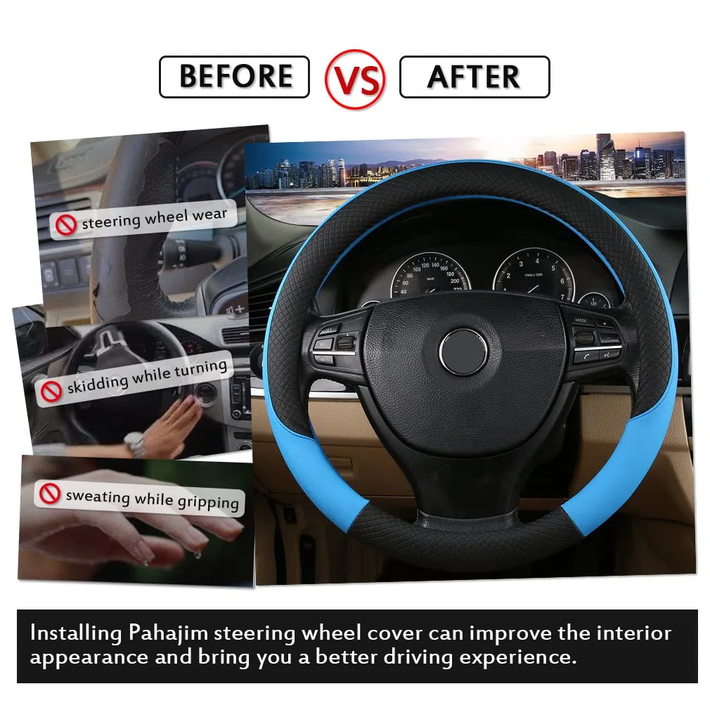 Pahajim Funda Volante Coche Universal Protector Volante Coche de Cuero PU Steering Wheel Cover Transpirable Antideslizante 37-38cm para Hombres y Mujeres