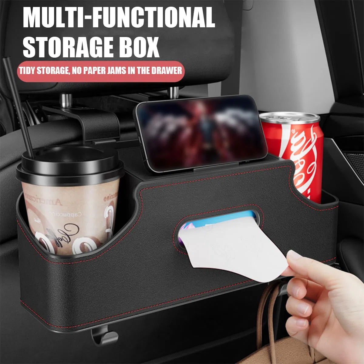 CGEAMDY Organizador Multifunción Para Asiento Trasero De Coche, Práctico Organizador De Coche Con Reposacabezas, Organizador Reposacabezas Asiento Trasero Con Portavasos, Caja De Pañuelos, Gancho