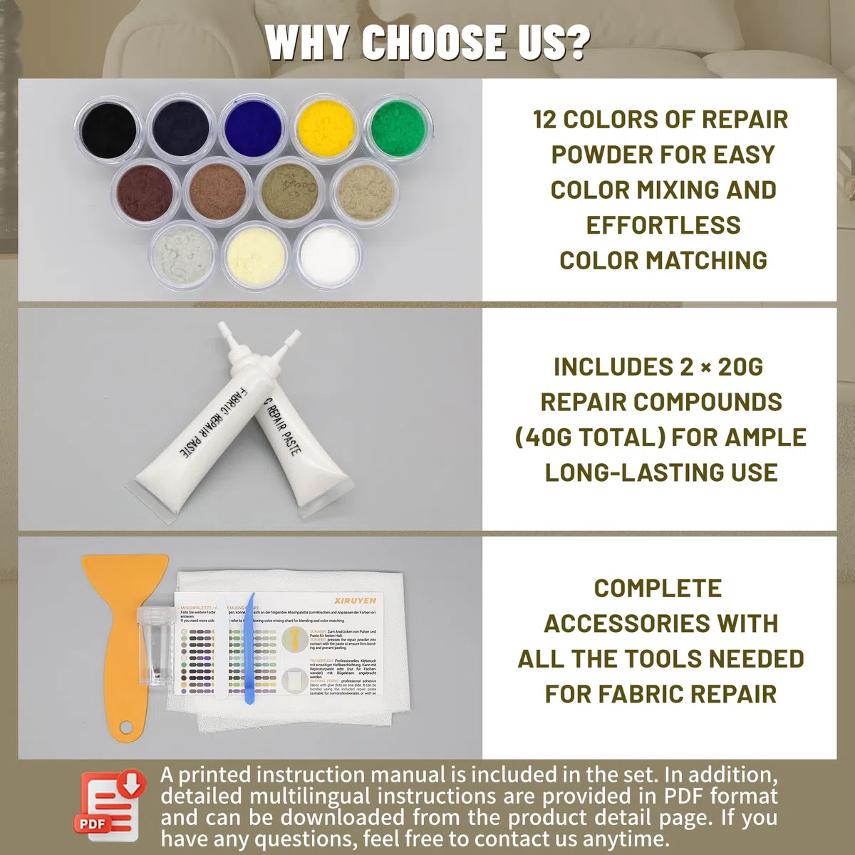 Kit de Reparación de 12 Colores para Reparar Quemaduras, Desgarros, Agujeros e Hilos Sueltos en Alfombras, Asientos de Coche y Ropa, Parches para Asientos de Coche, Reparar Tapicería Coche