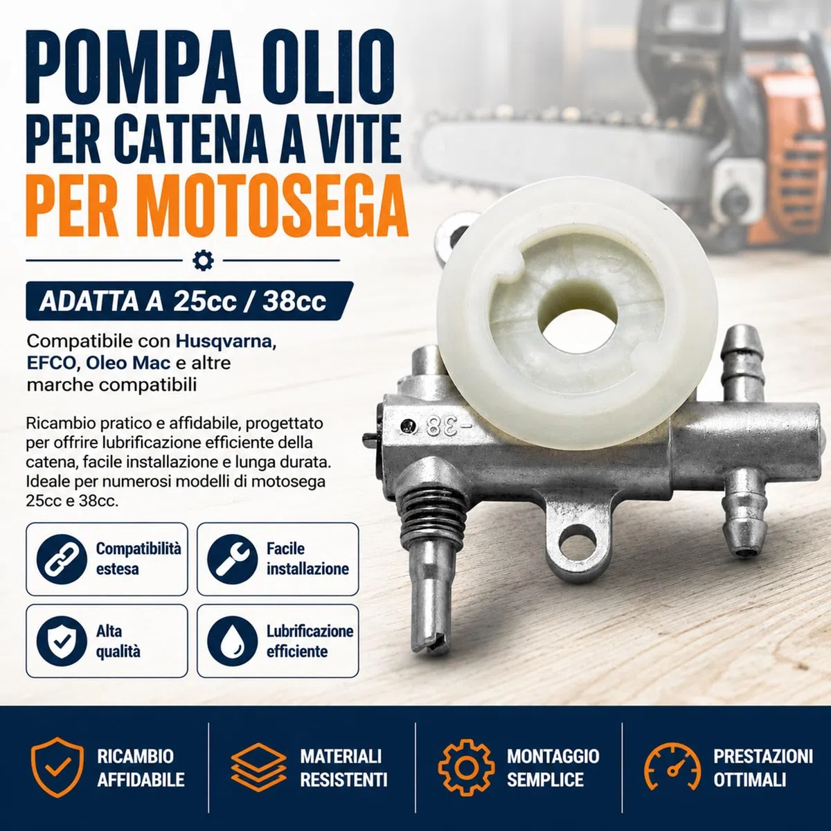 Bomba de aceite de cadena de tornillo para motosierra – Se adapta a 25 cc/38 cc – Compatible con Husqvarna, EFCO, Oleo Mac, y otras marcas – Fácil instalación – Alta calidad
