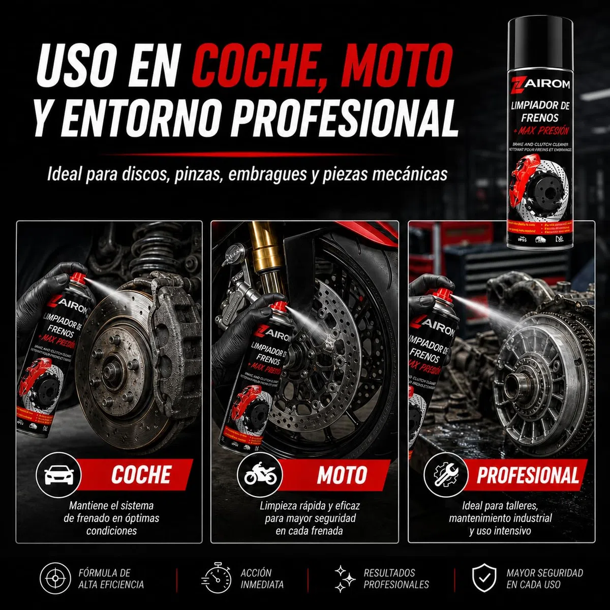 Limpiador de Frenos Spray 500 ml, Limpia Frenos, Embrague y Piezas Metalicas, Secado rápido Sin Residuos, Desengrasante para Coche y Moto Pack 4 Unidades