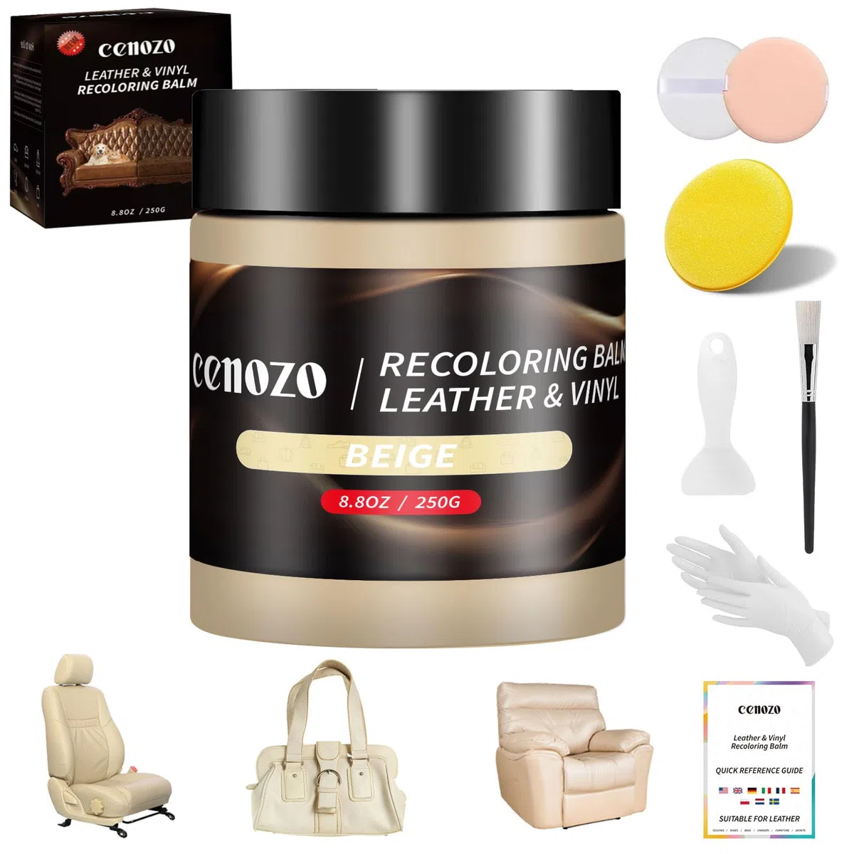 250g Beige Kit de Reparación para Cuero,Cuero Liquido Reparador,Pintura para Cuero para Reparar el Desgaste y Las Marcas en Sofás, Muebles de Vinilo, Asientos de Automóvil y Zapatos de Cuero