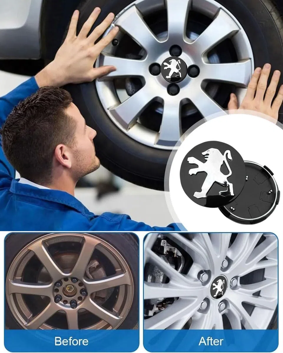 4 Tapas Centro Tapacubos para Peugeot 60mm - Tapas Llantas Centrales para Llantas para Llantas Originales OEM,Negro,Resistente al agua,Al polvo y con logotipo