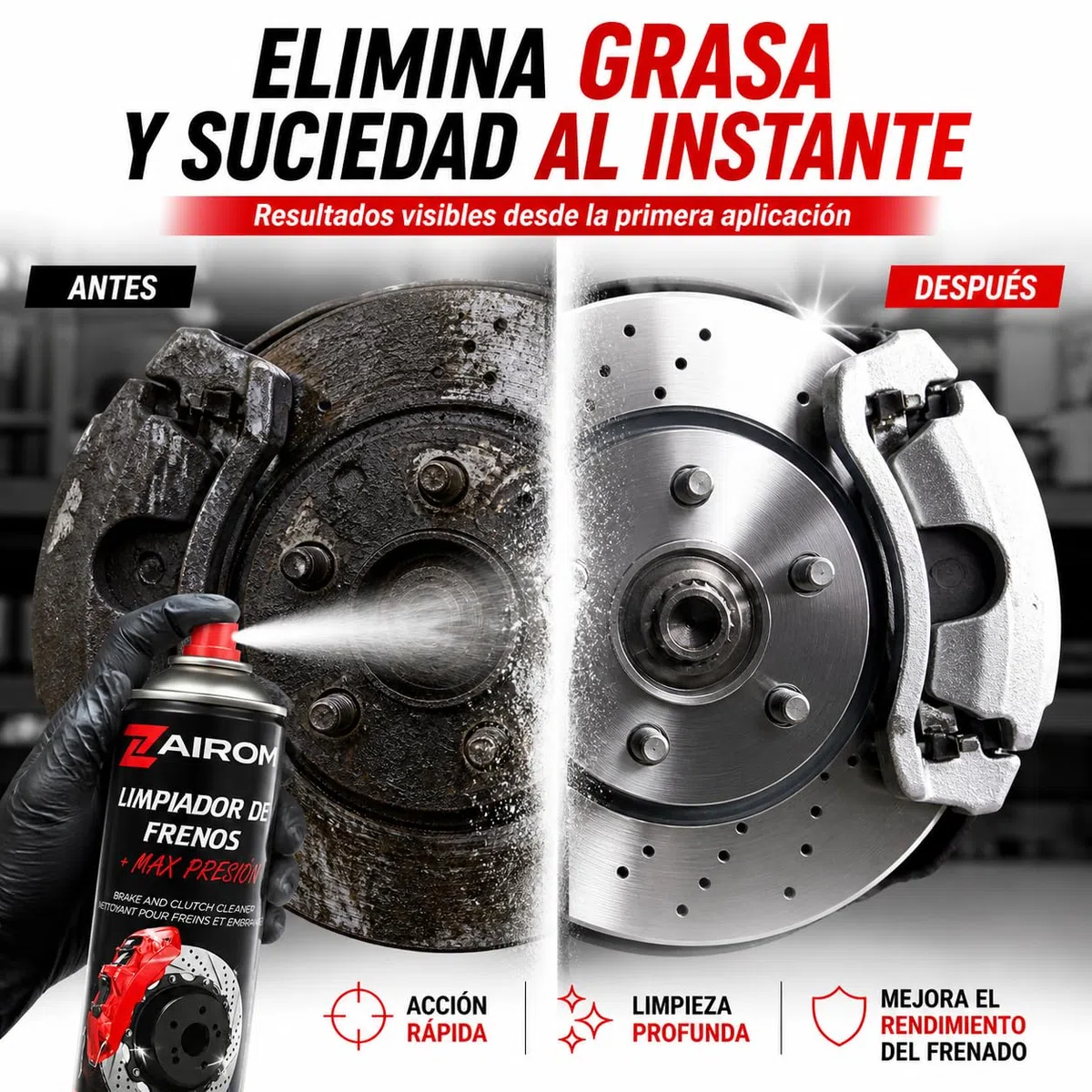 Limpiador de Frenos Spray 500 ml, Limpia Frenos, Embrague y Piezas Metalicas, Secado rápido Sin Residuos, Desengrasante para Coche y Moto Pack 4 Unidades