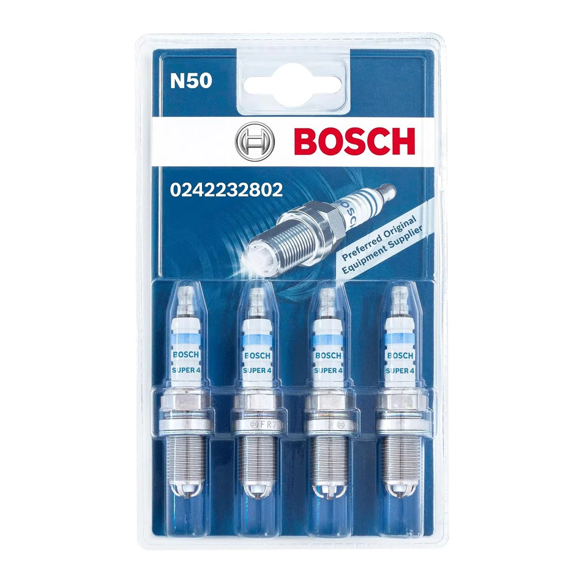 Bosch Super 4 0242232802 (N50) - Juego de 4 Bujías de Encendido para un Arranque Fiable y una Larga Vida Útil del Motor de Gasolina - con Diseño Resistente