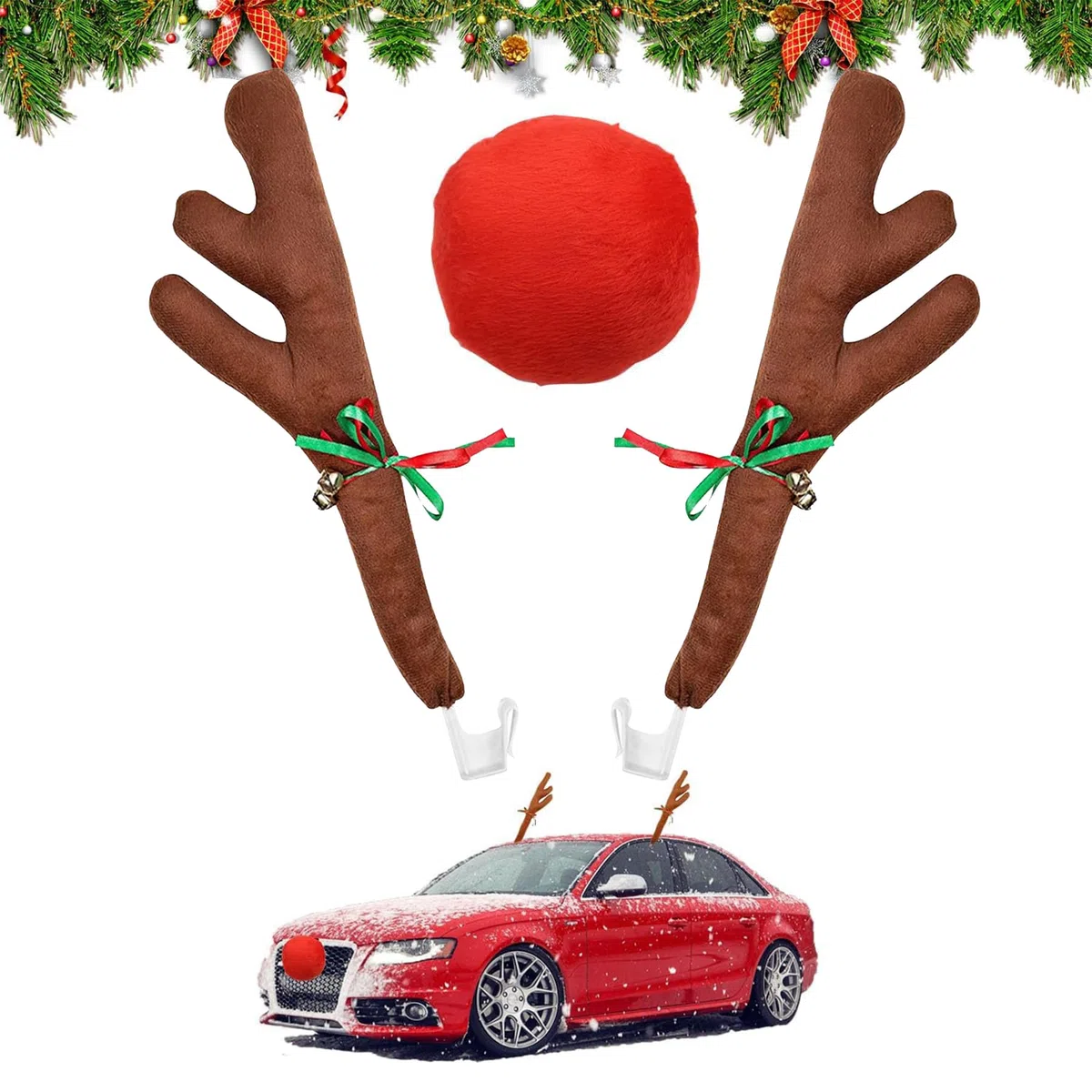 Reno Auto Set,Auto Deko Weihnachten,Auto Reno Kostü,Auto Weihnachtendeko mit Geweih,Weihnachtsschmuck Auto,Auto Rentiergeweih Rudolf für Auto,Fahrzeug Weihnachtsdekoration,Weihnachtsdeko Auto