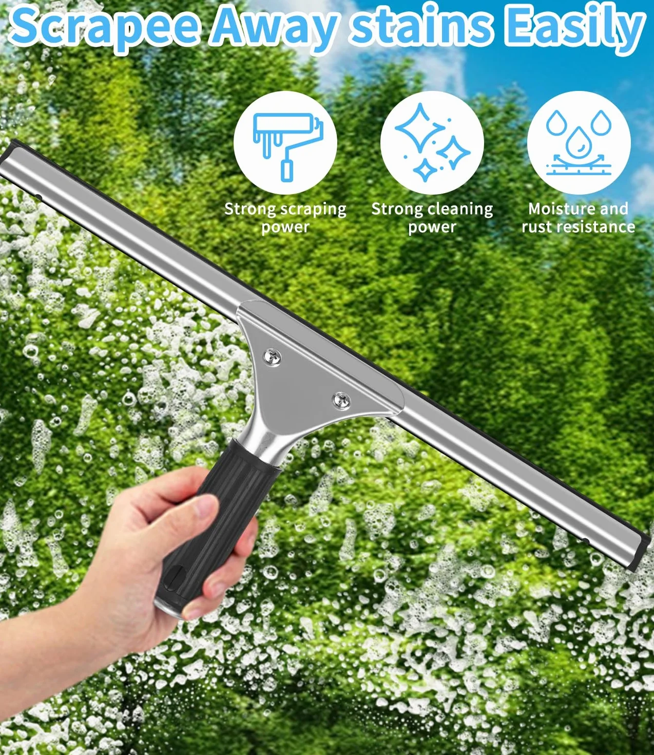 Limpiacristales Profesional 8 Piezas, Limpiador de Ventanas de Acero Inoxidable con Escobilla de Silicona & Paños de Microfibra, Kit de Limpieza de Ventanas con Gancho para Baño, Coche, Ventana