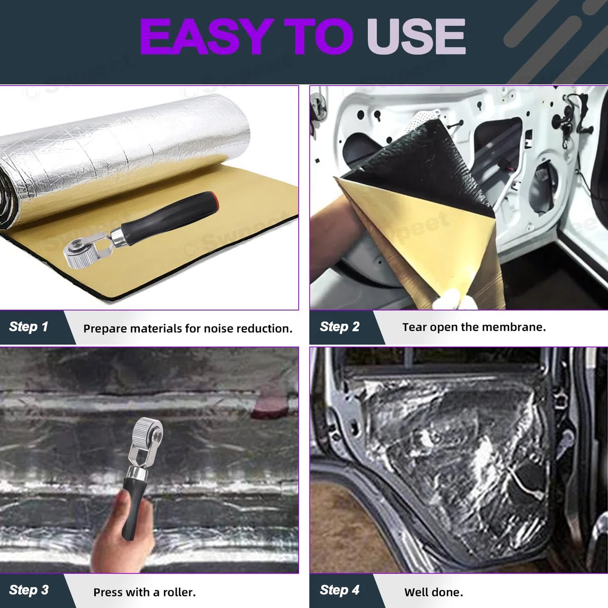 Swpeet Juego de 4 rodillos insonorizantes de 3 tamaños para coche, 6mm 20mm 40mm herramienta de instalación de rodillos de ruido de metal para auto con cinta de papel de aluminio de 66 pies, cinta de