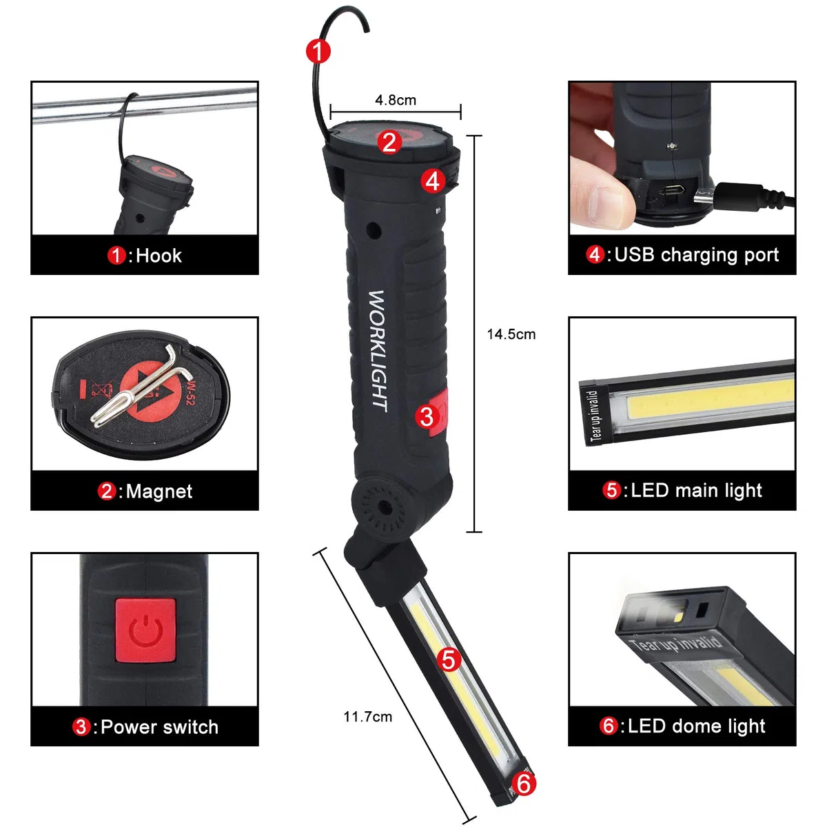 Lámpara de trabajo portátil LED recargable con luz magnética (5 modos)