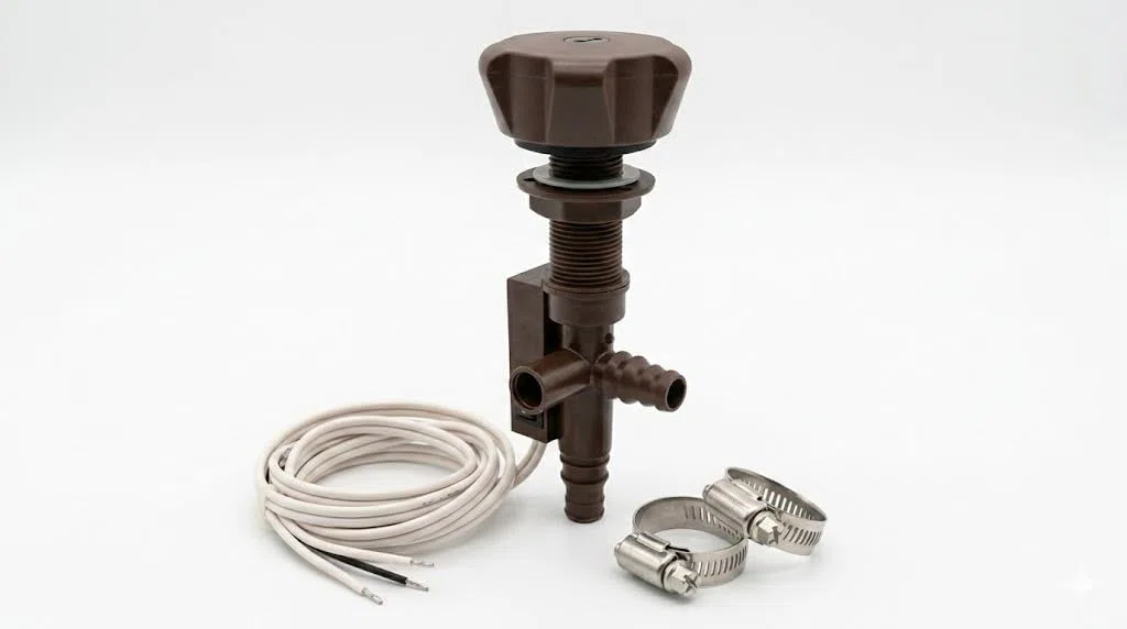 CR-MOESANCO® Mando Grifo Ducha Bajo Mesa con Interruptor 12V/24V para Caravana y Camper, Kit Montaje 17mm con 2 Abrazaderas INOX, Portatubos Universal 8-10mm (Marron)