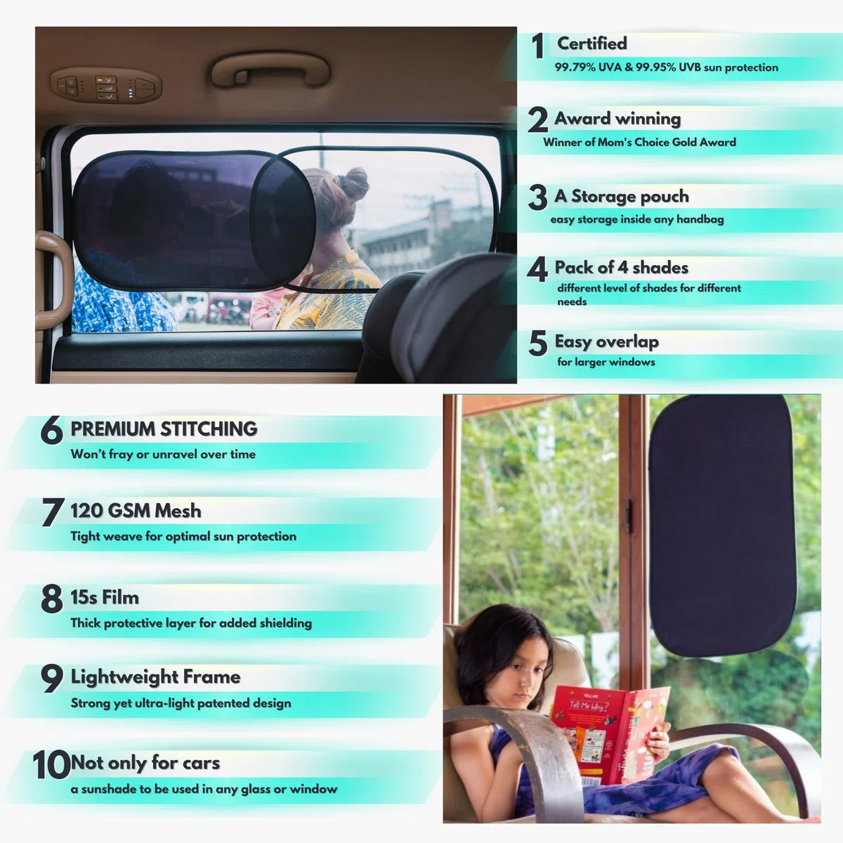 Parasoles para Coche – Protección Solar 99,79% UVA y 99,95% UVB Certificada. Parasol Lateral para Ventanas de Coche Bebé. Pack de 4 (2 Transparente + 2 Semitransparente) 20" x 12– Kinder Fluff