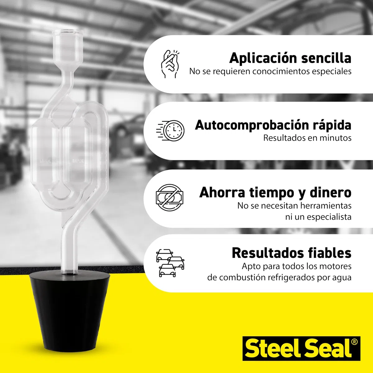 STEEL SEAL TESTCHEM Probador de junta de culata CO2 agua de refrigeración 100 ml – Prueba de gases de escape del sistema de refrigeración para automóviles – Kit de prueba para verificación de junta de
