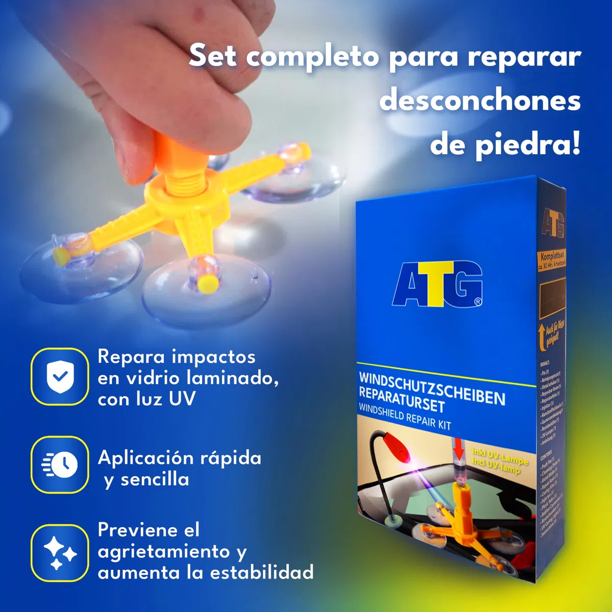 ATG® Kit de reparación de Parabrisas de Coche con lámpara UV - Kit de reparación de Parabrisas de Coche - Reparador Cristal Coche - Liquido reparador de Cristales Coche Reparación del Parabrisas