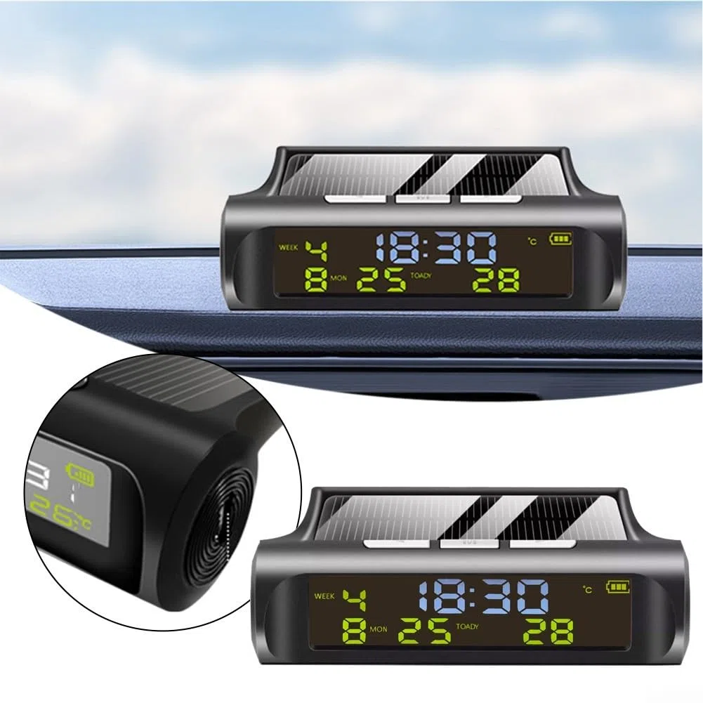 Termómetro digital para coche, reloj solar para coche, termómetro digital, pantalla automática, soporte para tablero de instrumentos para oficina, uso doméstico, color negro