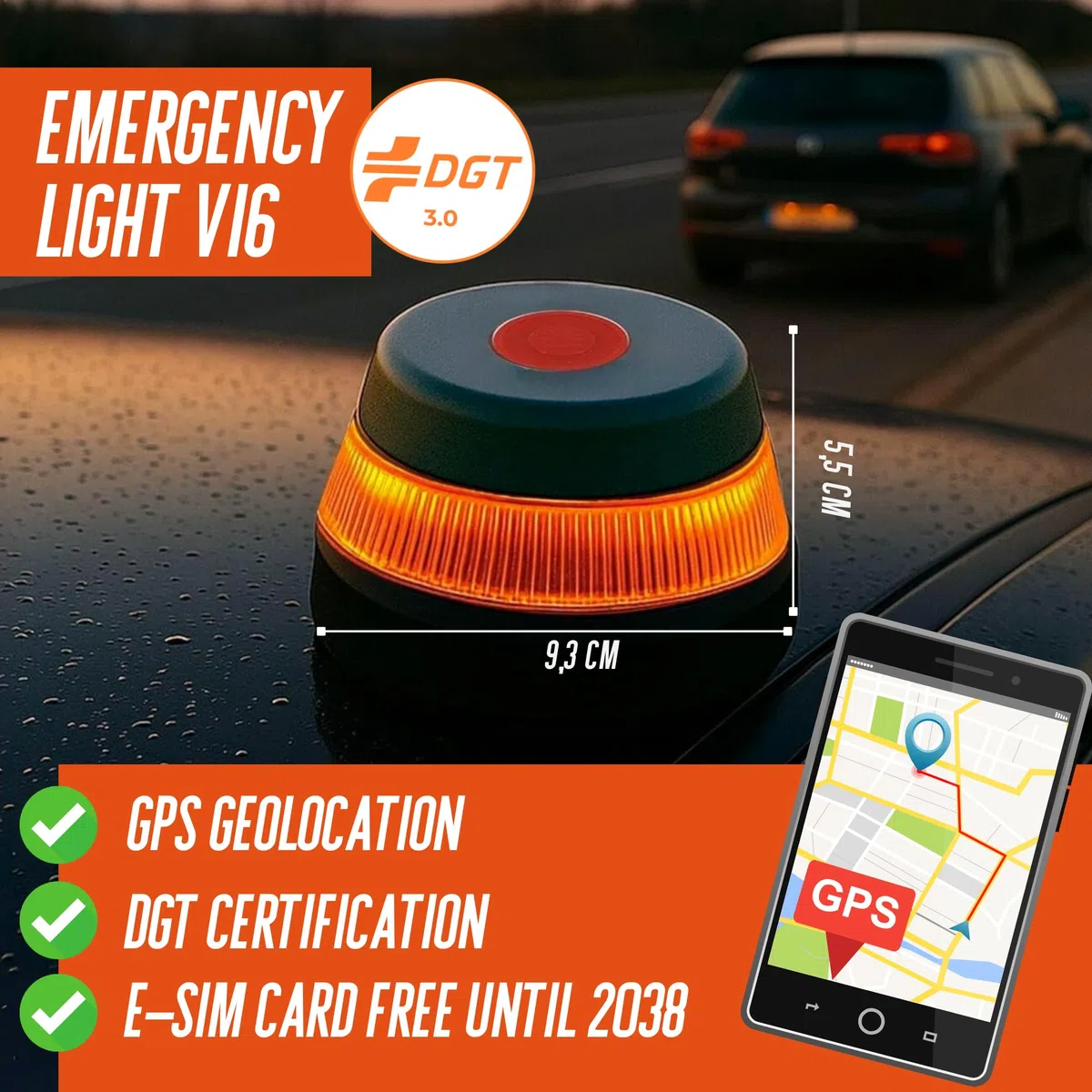 MAGIC SELECT Luz Emergencia V16 Homologada DGT con Geolocalización para Señalización en Carretera de Coche y Moto. Luz Naranja Intermitente 360º, Base Imantada, 3 Pilas AA Incluidas (1UD)