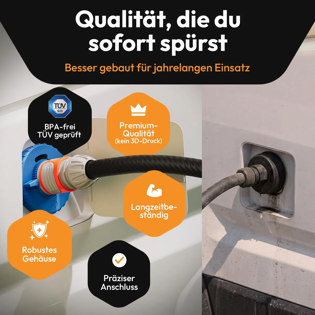 tapón depósito de agua – 3 pines 78mm diámetro – blanco – para autocaravana con manguera para boca de llenado de agua +Plus: Adaptador de manguera