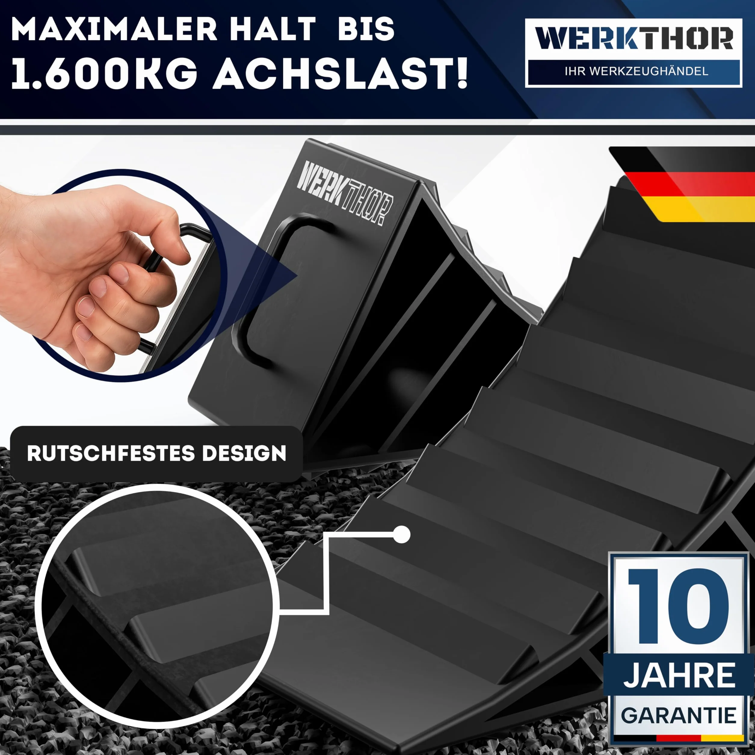WERKTHOR Calzos de Rueda con Soporte [Juego de 2] y Material de Fijación - Calzos de Rueda para Remolques de hasta 1600kg de Carga por Eje - Cuñas Accesorios para Remolques de Coches