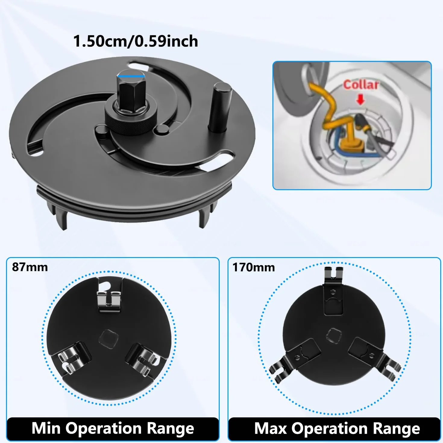 ZKTOOL Llave universal para tapa de depósito de combustible, llave de tapa de depósito de combustible ajustable de 3 mandíbulas, herramienta de extracción de tapa de bomba de combustible, 87 mm a 170