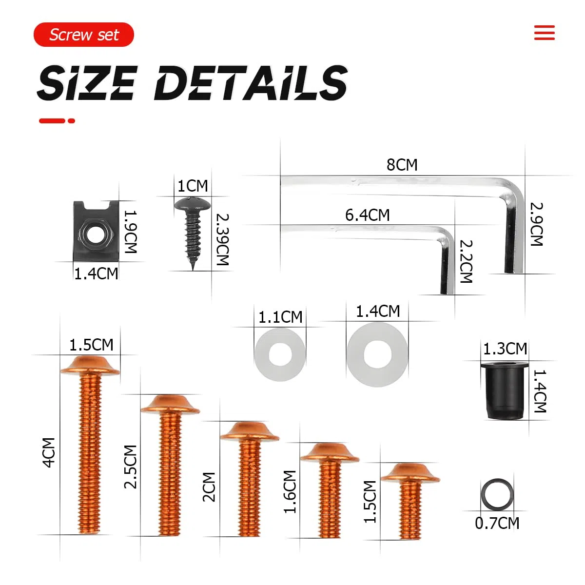 JNNJ 177 Pcs Kit de Pernos de Carenado de Moto, Tornillos de Fijación de parabrisas, Tornillo de Tuerca de Arandela de Aluminio Juego de Clips Surtido, Universal para Moto Todoterreno(Naranja)