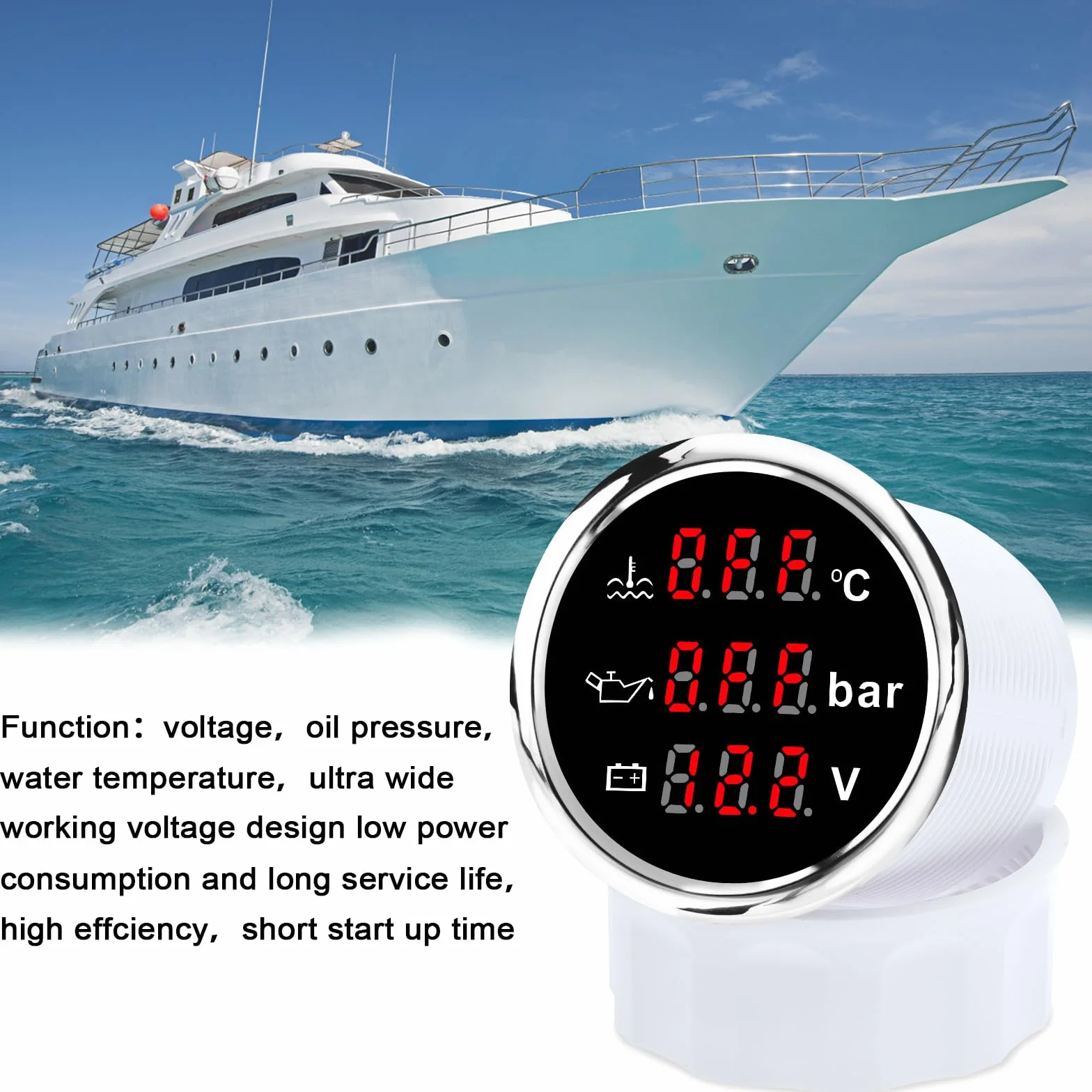 Geloo 52mm calibre 3 en 1 coche barco refrigerante temperatura del agua presión de aceite indicador de nivel de combustible con alarma para coche barco yate marino