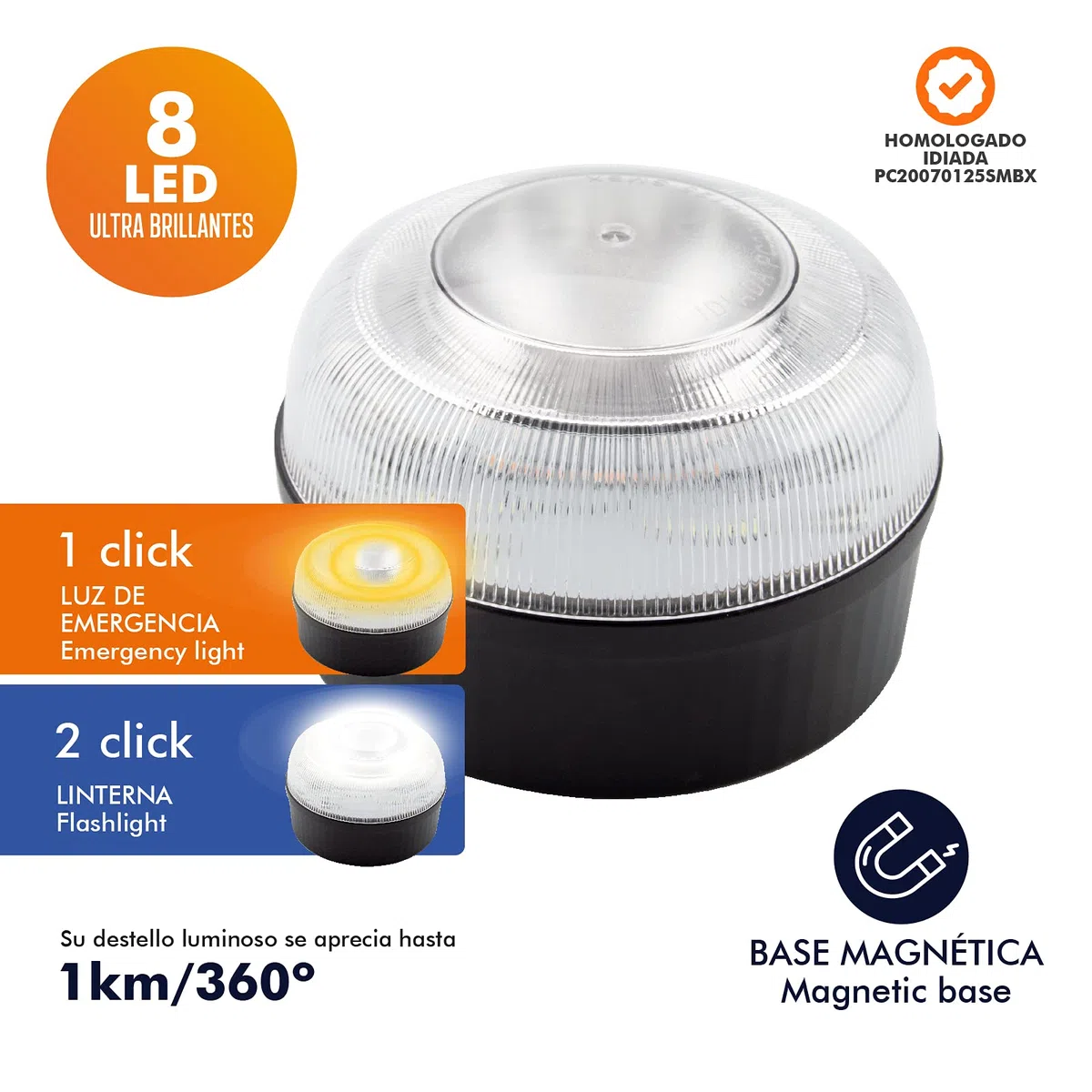 Jocca - Set 2 Luz de Emergencia Coche V16 Homologada DGT | Helpflash | Sustituye a Triángulos | Base Magnética Antideslizante | Baliza Emergencia Coche | 8 Leds de 1W Cada