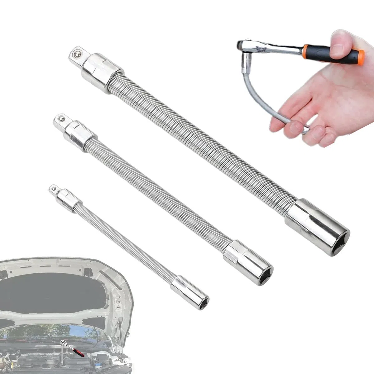 Generisch Varilla de extensión flexible, 3 barras de metal flexibles portátiles | Juego de extensión flexible para coche, automóvil, vehículo, coche, garaje, reparación y mantenimiento