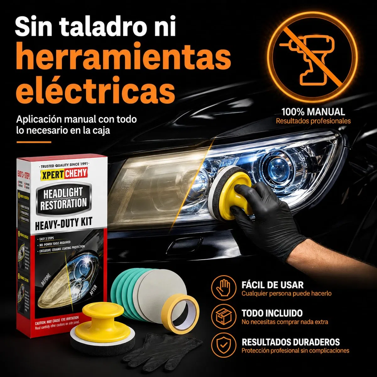 XPERTCHEMY Kit de Restauración de Faros de Coche, Limpiador para Faros Amarillentos y Opacos, 3 Pasos, Sin Herramientas Eléctricas, con Protección Cerámica UV