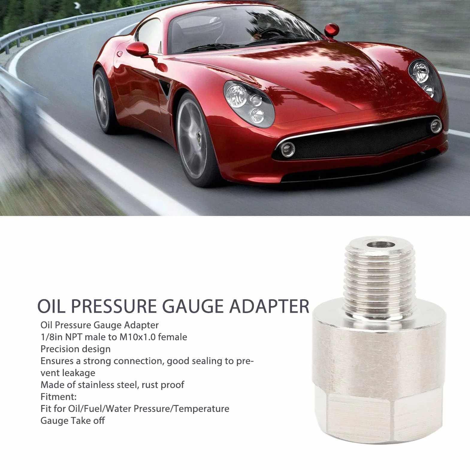 Tissting Adaptador de Medidor de Presión de Aceite, 1/8 Pulgadas NPT Macho M10x1.0 Hembra, Adaptador de Sensor de Presión de Aceite de Acero Inoxidable para Manómetro de Aire de Aceite de Agua