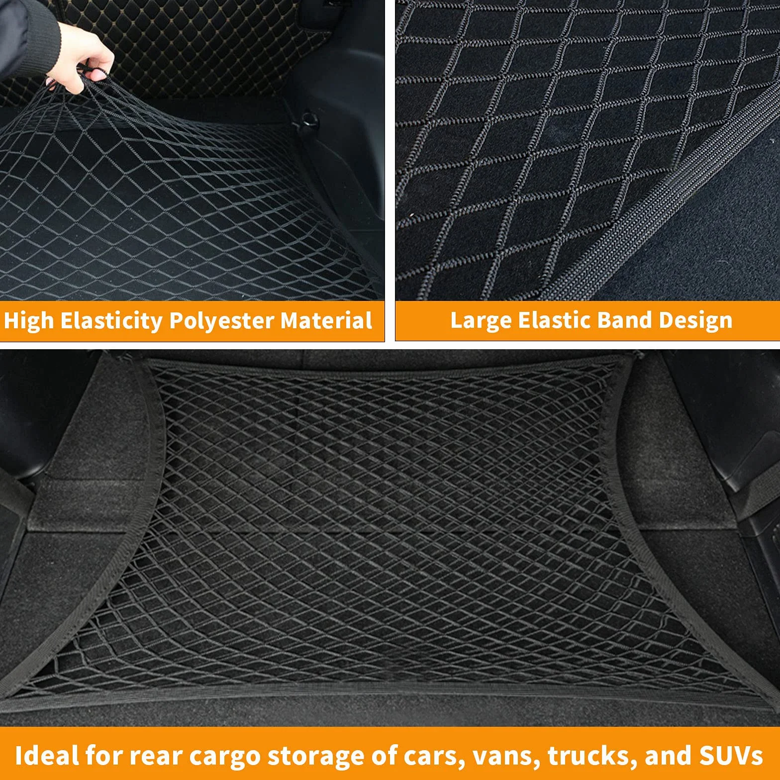 Red Maletero de Coche, Almacenamiento Red se Extiende hasta 140x100CM, con 2 PCS Organizador Bolsa de Red +4 Mosquetones+4 Ganchos ABS, el Borde elástico sujeta Las Cargas con Mayor firmeza