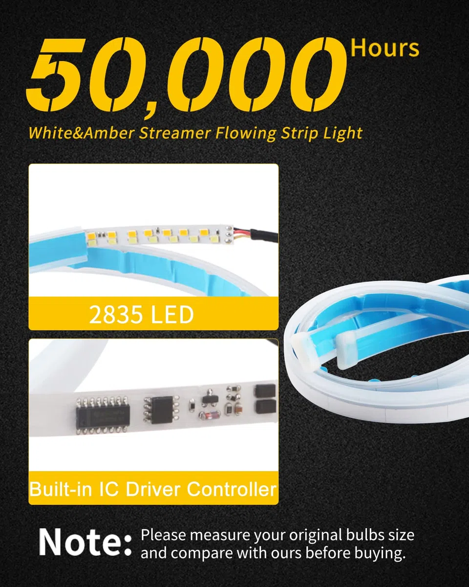 QasimLed 2-Pack 60cm Coches blancos y amarillos DRL LED Luces de día Luces de giro de flujo automático Tira guía de faros Conjunto de faros delanteros a prueba de agua