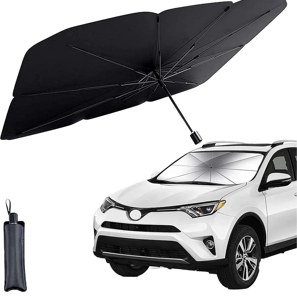 Parasol Coche Paraguas Parasol Coche Delantero, Plegable Protege del Sol, Fácil de Guardar, Mantiene Coche Fresco, Adaptable a la mayoría de Coches (150 X 85 CM Extra Grande)